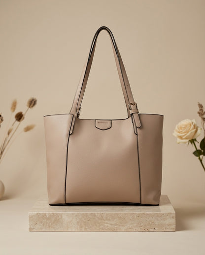 Beige structured faux leather shoulder tote bag with top handles and front center panel