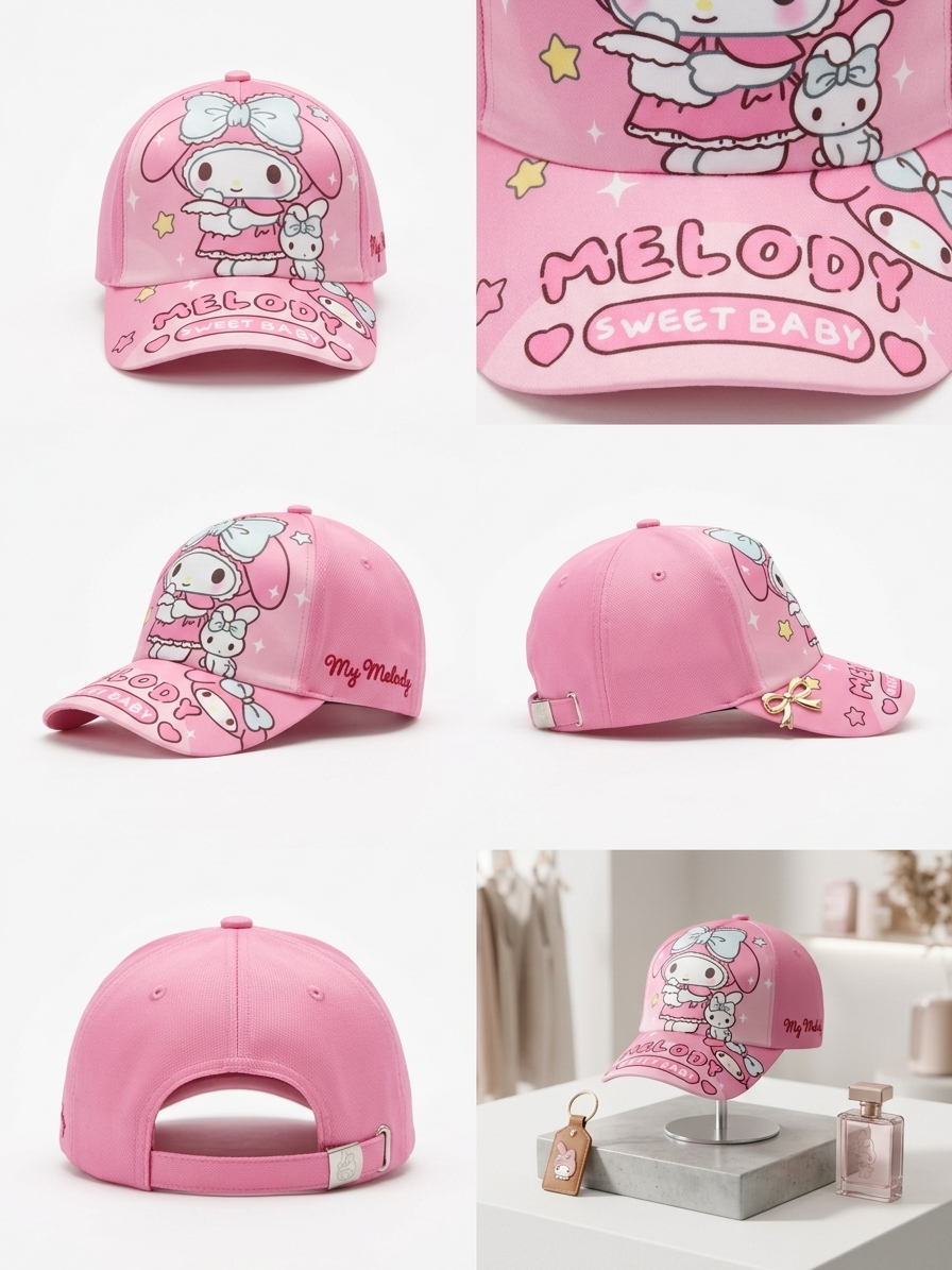 Pink kids baseball cap with cute bunny print and MELCODY SWEET BABY lettering