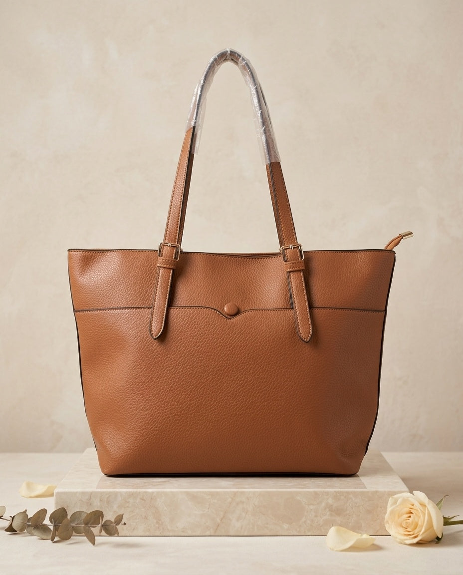 Pebbled faux leather pocket tote bag in tan with buckle strap handles and front pocket