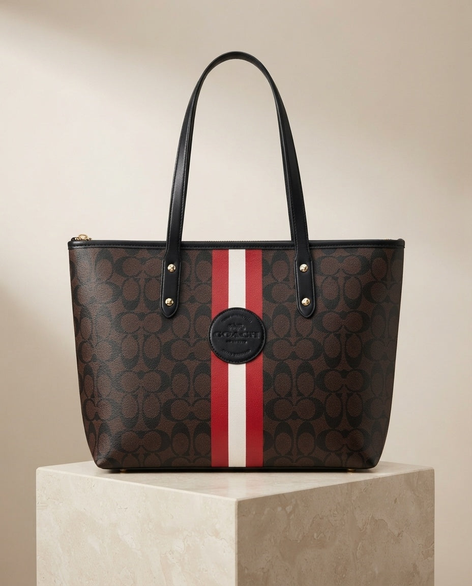 Dark brown monogram tote bag with center circle logo and red/white stripe