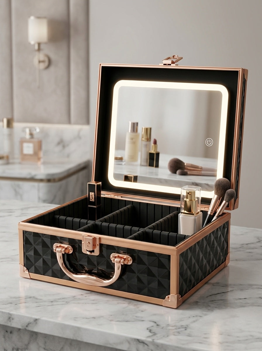 Hard shell vanity box with LED mirror, rose gold frame, black diamond-quilted exterior