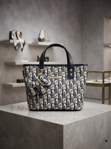 Structured monogram print tote bag with mini pouch charm and two top handles; navy/black