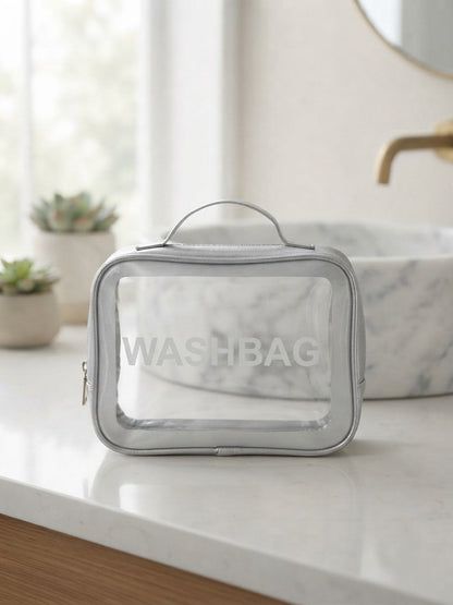 Silver transparent waterproof travel wash bag with handle, clear front window