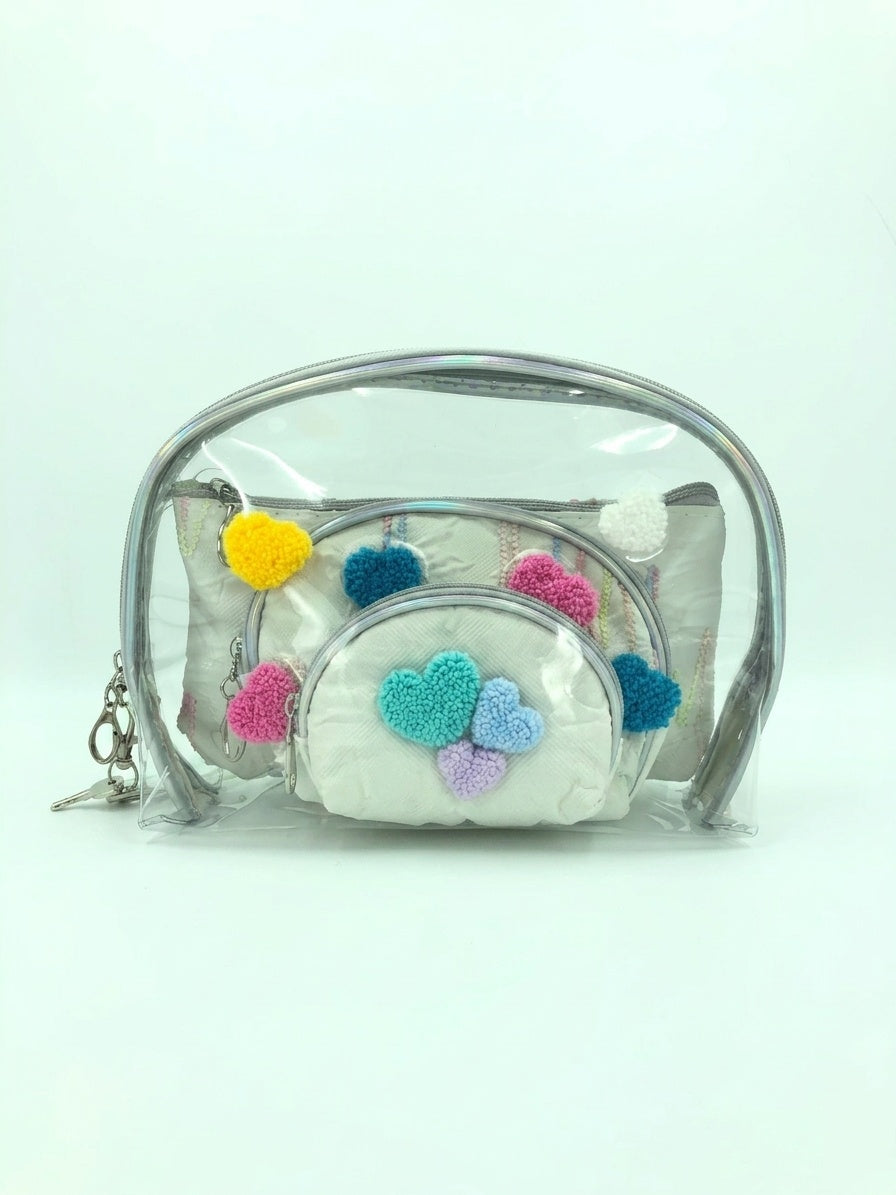 Clear mint-tone cosmetic pouch set with fuzzy heart appliques and circular inner pouch