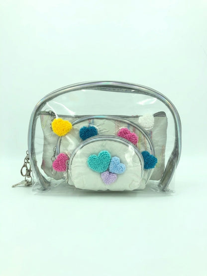 Clear mint-tone cosmetic pouch set with fuzzy heart appliques and circular inner pouch