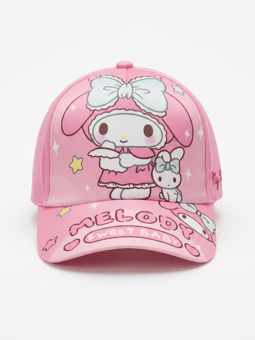 Pink kids baseball cap close-up with large bow bunny graphic and SWEET BABY print