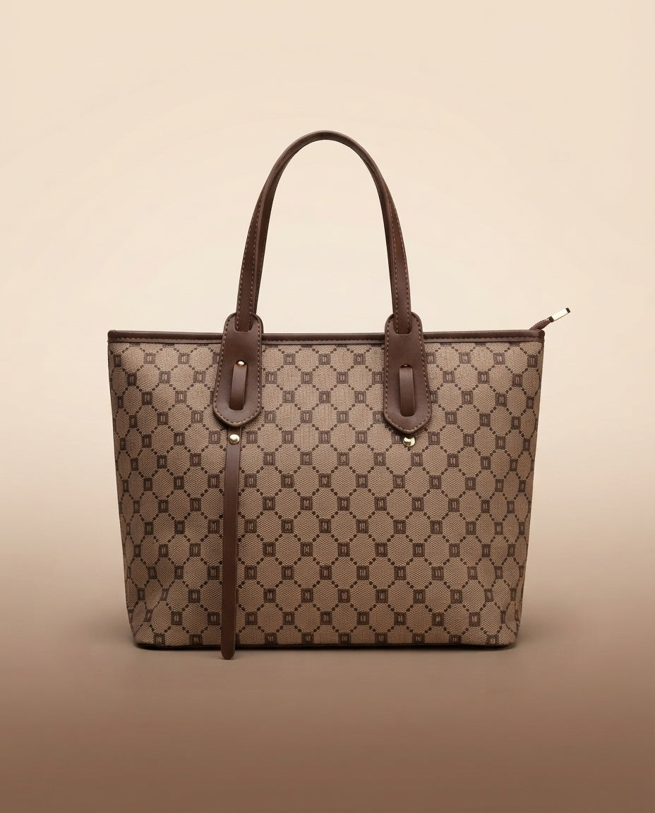 Structured tote bag with repeating geometric logo pattern and dark leather handles