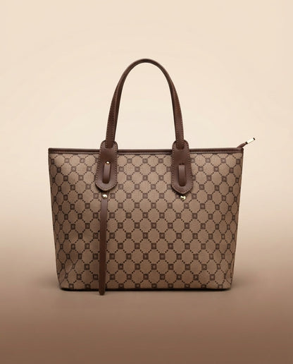 Structured tote bag with repeating geometric logo pattern and dark leather handles