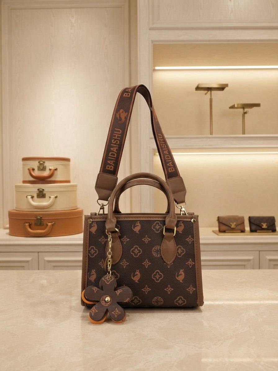 Brown monogram tote bag with top handles, flower charm, and BAIDAISHU crossbody strap
