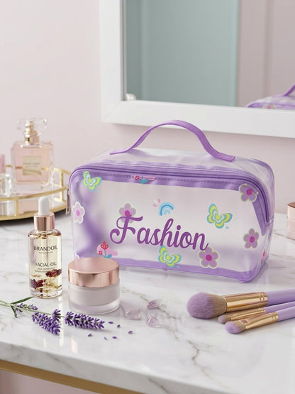 Purple transparent cosmetic bag with top handle, 'Fashion' print and floral icons