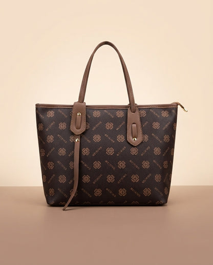 Structured tote and crossbody bag set with dark monogram pattern, taupe handles and pouch