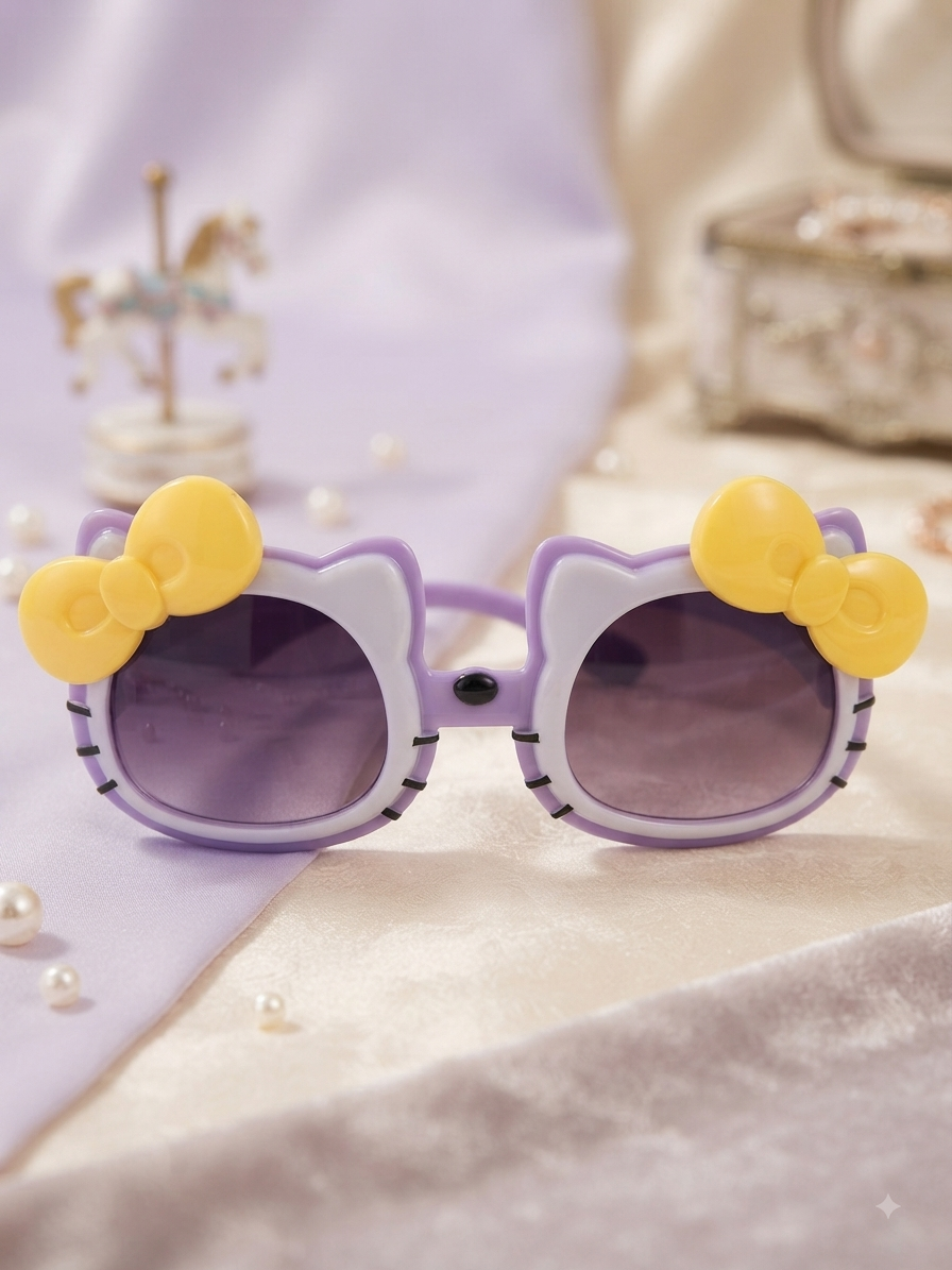 Kids cat-style sunglasses with dark lenses, purple frame, and yellow bow accents