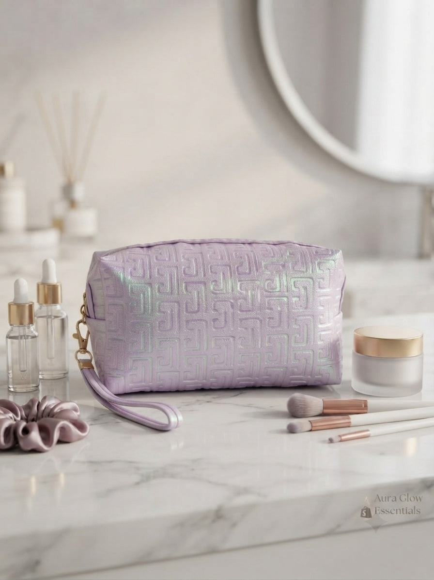 Iridescent geometric embossed cosmetic pouch with wristlet strap, lavender purple