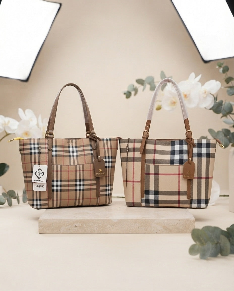 Plaid structured tote bag set in beige and camel with tag charm and brown handles