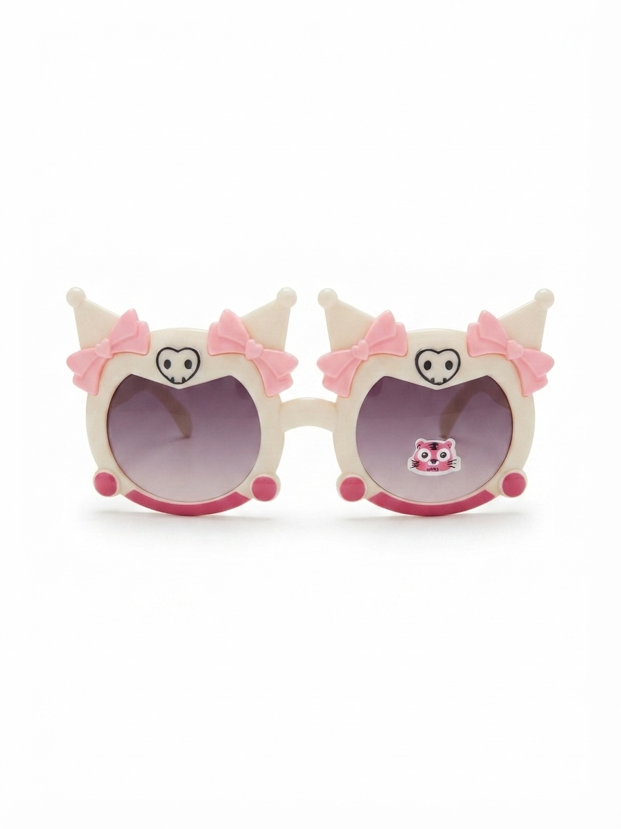 Kids round cat-ear sunglasses with pink bow accents and white frames