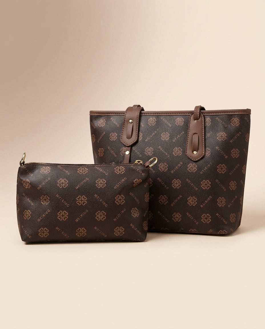 Structured tote and crossbody bag set with dark monogram print, two-bag set with matching pouch