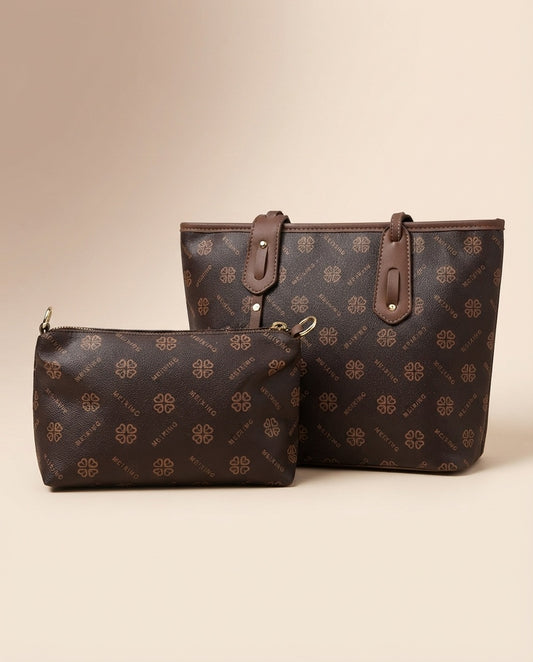 Structured tote and crossbody bag set with dark monogram print, two-bag set with matching pouch