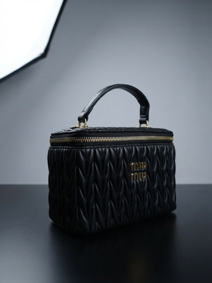miu miu black matelassé leather vanity cosmetic case with top handle