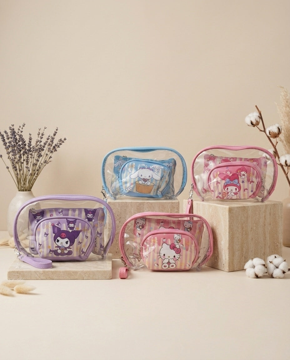 Nested clear cosmetic pouch set with character prints in blue, pink, purple, and red
