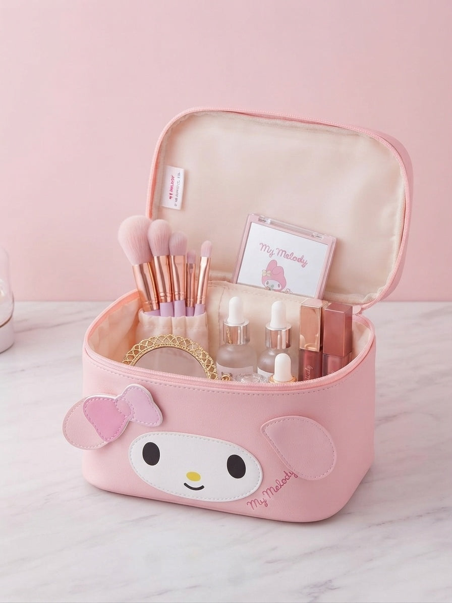 Pink character cosmetic bag with 3D ears and bow, open top with makeup inside