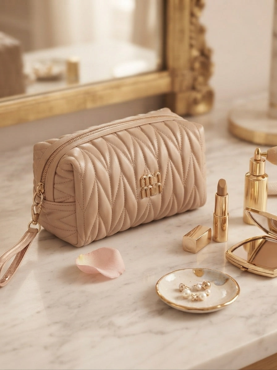 Beige quilted cosmetic pouch with wristlet strap and gold logo