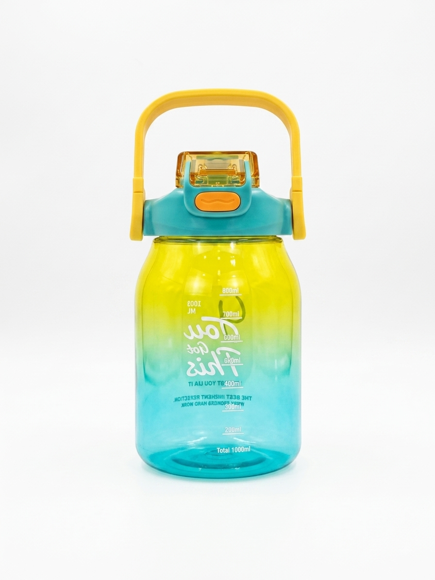 1L gradient water bottle in yellow and teal with flip lid and carry handle.
