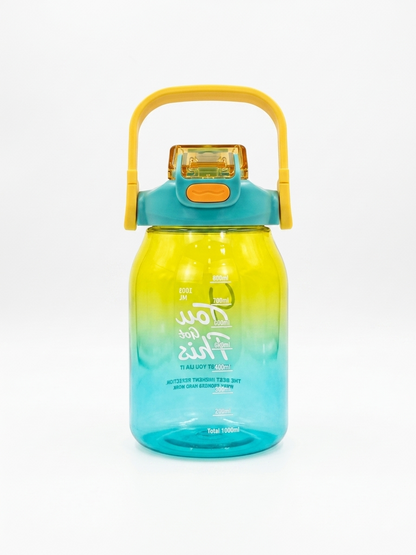 1L gradient water bottle in yellow and teal with flip lid and carry handle.