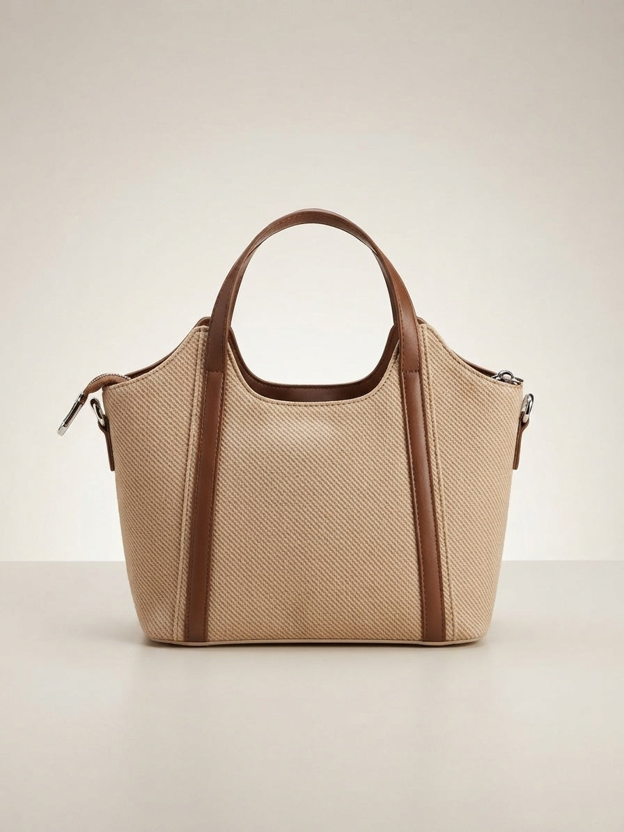 Beige textured structured top-handle bag with brown trim and side zipper pockets