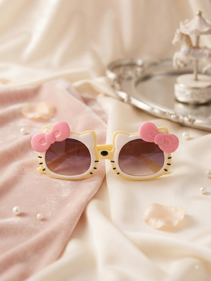 Kids cat-style sunglasses with dark lenses, yellow frame, and pink bow accents