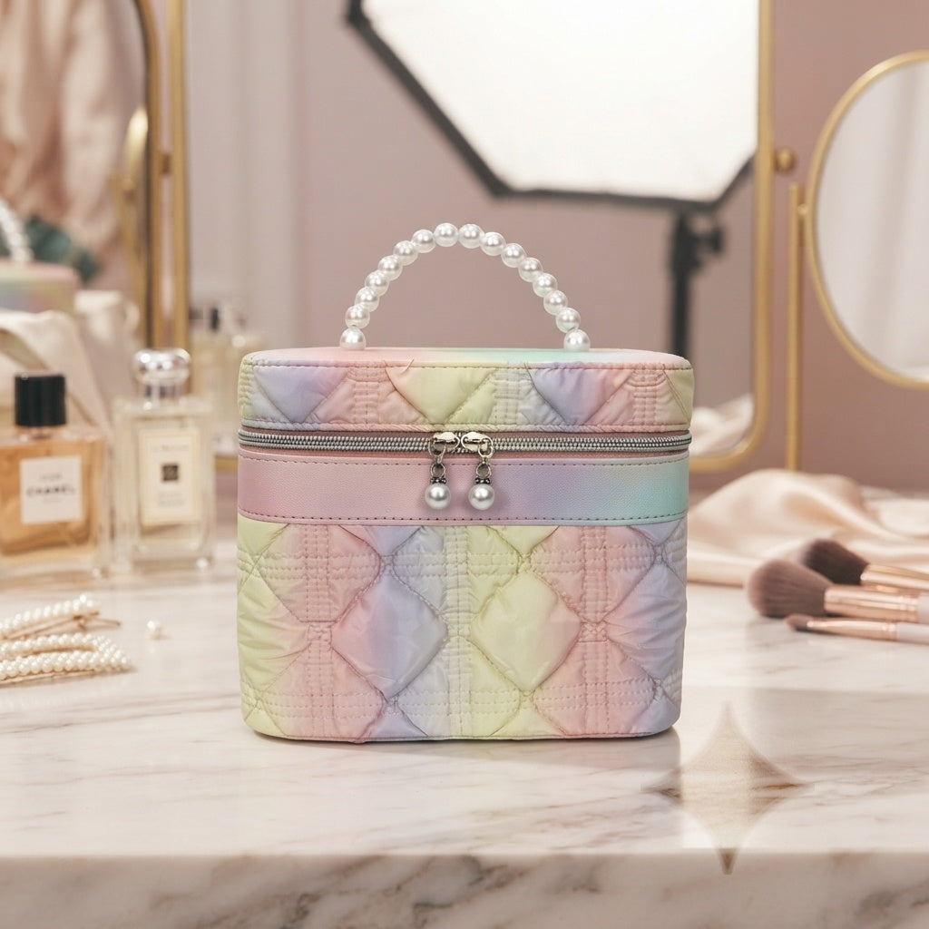 Quilted pastel rainbow vanity pouch with zipper, pearl beaded handle and charm dangles
