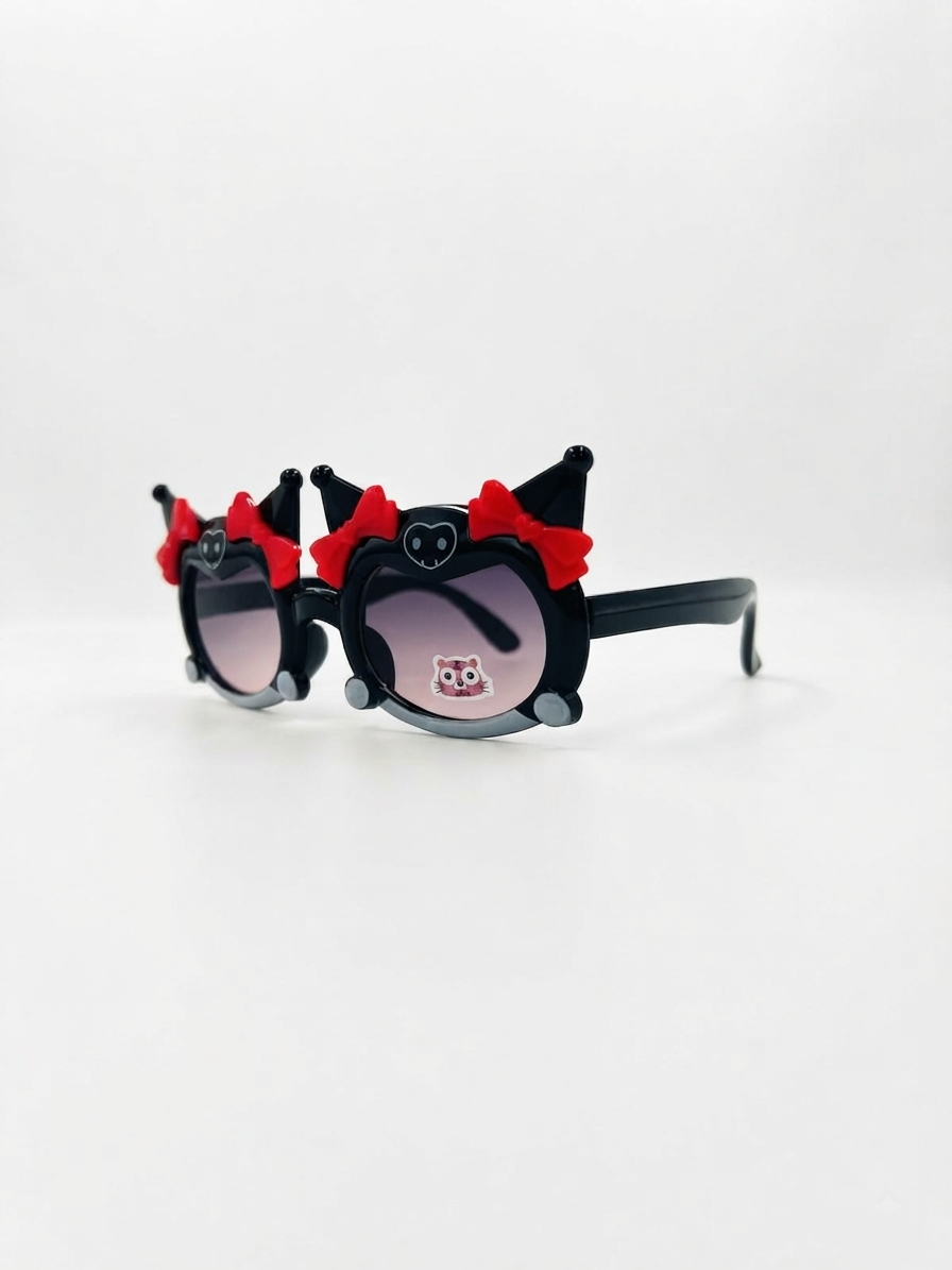 Kids cat-ear sunglasses with red bows on black frames, side view