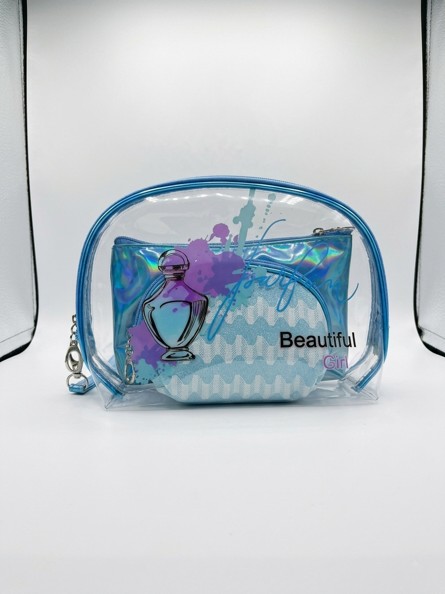 Blue transparent cosmetic pouch with iridescent shimmer and 'Beautiful Girl' print