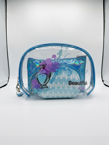 Blue transparent cosmetic pouch with iridescent shimmer and 'Beautiful Girl' print