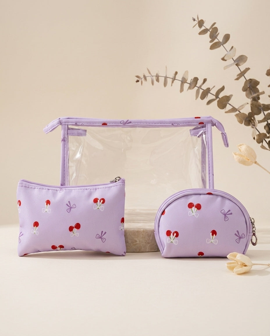 Purple cherry-print cosmetic pouch set with clear zip bag, square pouch, and round pouch