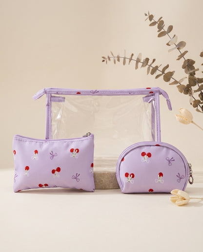 Purple cherry-print cosmetic pouch set with clear zip bag, square pouch, and round pouch
