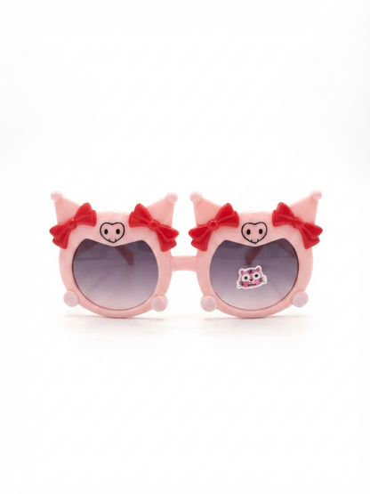 Kids round cat-ear sunglasses with red bow accents and light pink frames