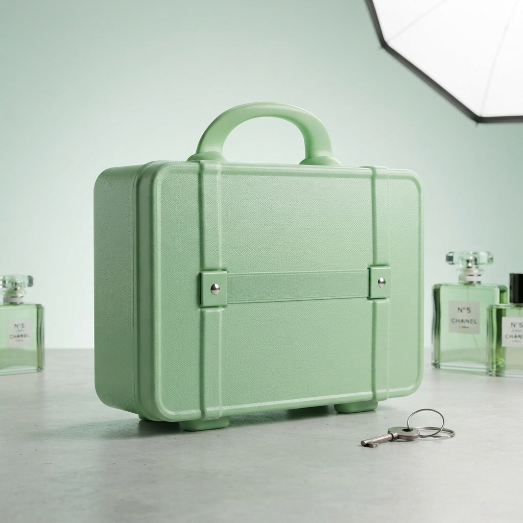 Green hard-shell kids beauty box with handle and snap closures