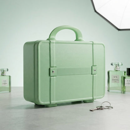 Green hard-shell kids beauty box with handle and snap closures