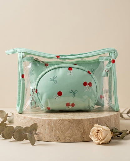 Mint green cherry-print cosmetic pouch set with zippered pouches and clear outer bag