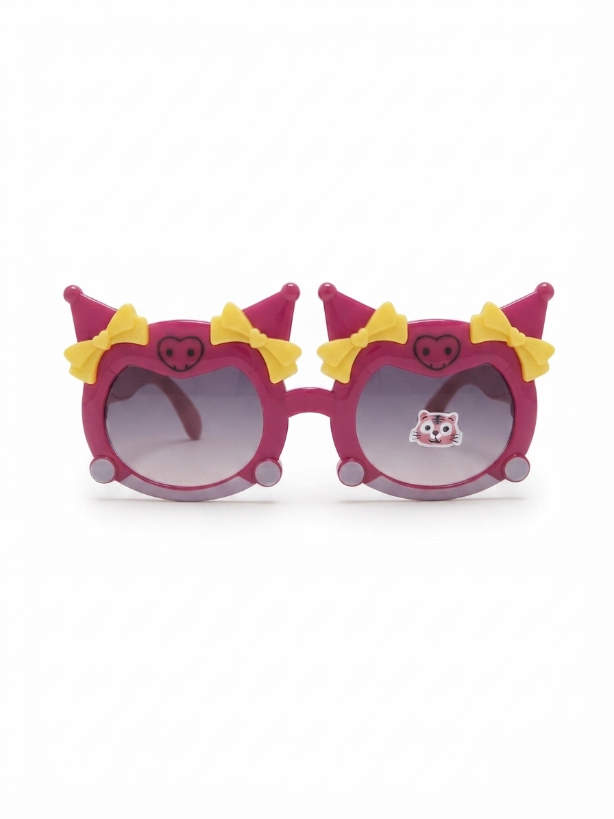 Kids round cat-ear sunglasses with yellow bows on magenta frames