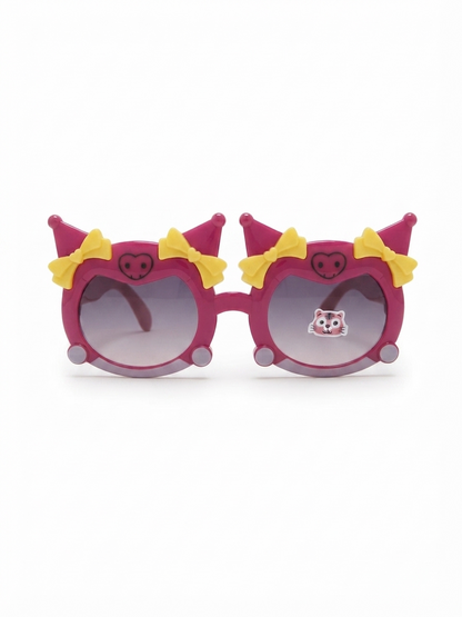 Kids round cat-ear sunglasses with yellow bows on magenta frames