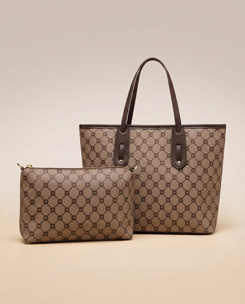 Structured tote and crossbody bag set with light monogram print, dark handles and matching pouch