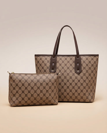 Structured tote and crossbody bag set with light monogram print, dark handles and matching pouch