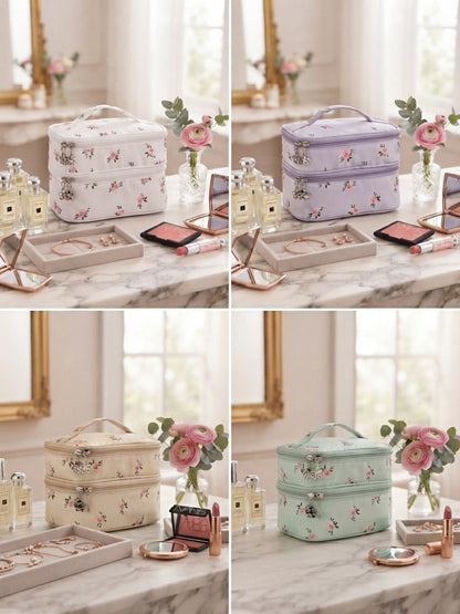 Four-color floral quilted double-layer cosmetic organizer bags set: cream, mint, purple, white.
