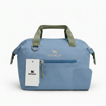 Insulated carry-all cooler bag, light blue with front zipper pocket and top carry handle