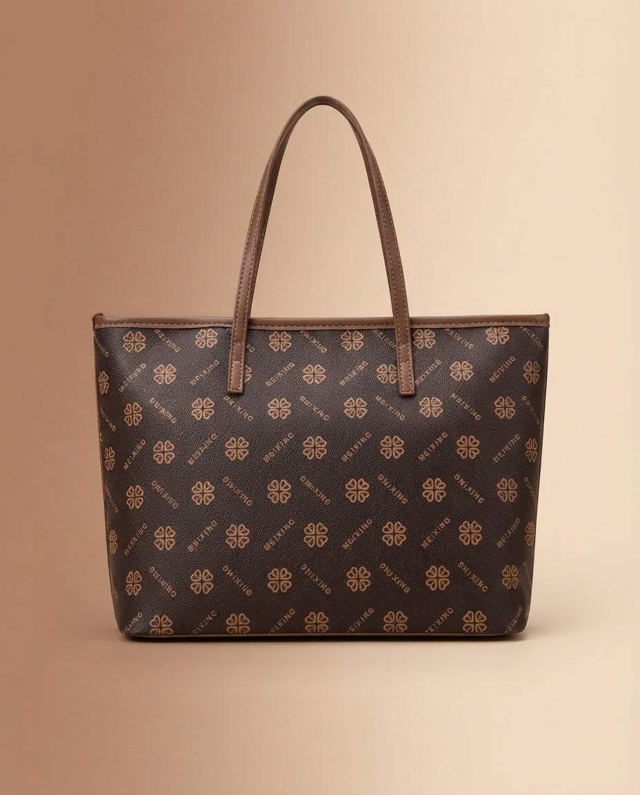 Structured tote bag with small bow-style logo print and dark handles