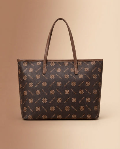 Structured tote bag with small bow-style logo print and dark handles