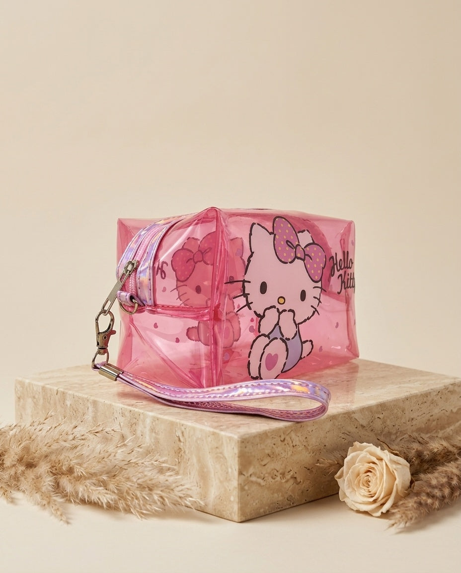 Pink translucent cosmetic pouch with Hello Kitty print and wristlet strap