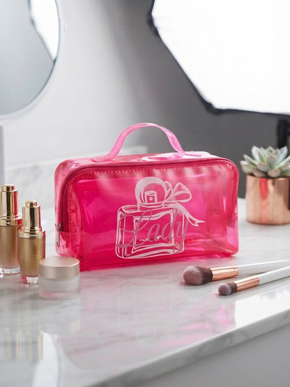 Pink transparent cosmetic bag with top handle, 'Lady' line art, and zipper front.