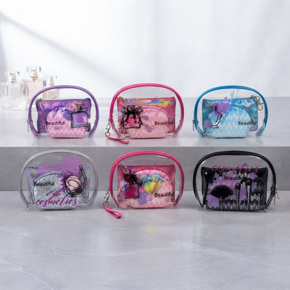 3-piece transparent iridescent cosmetic pouch set with stylish print, assorted colors